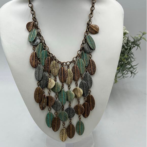 St. Thomas Vintage Mixed Metal Bronze and Green Cascading Leaves Bib Necklace - Picture 1 of 7